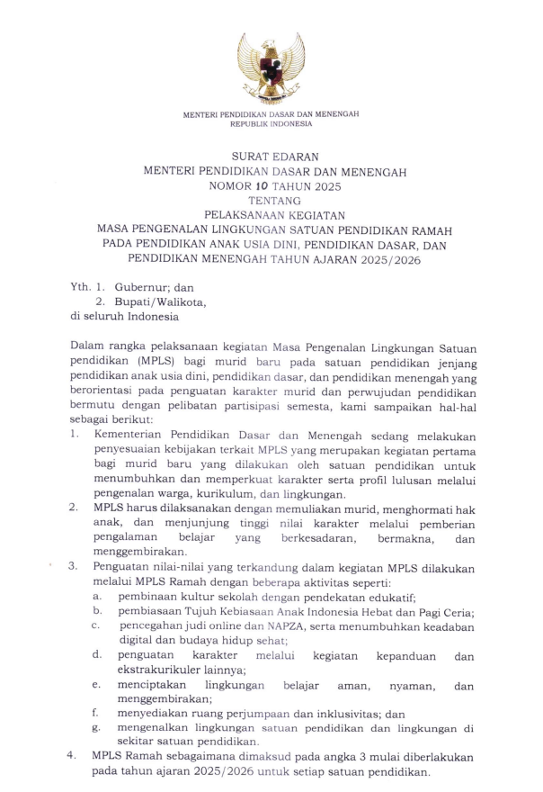 Pelaksanaan Kegiatan Masa Pengenalan Lingkungan Satuan Pendidikan Ramah pada Pendidikan Anak Usia Dini, Pendidikan Dasar dan Pendidikan Menengah Tahun Ajaran 2025/2026